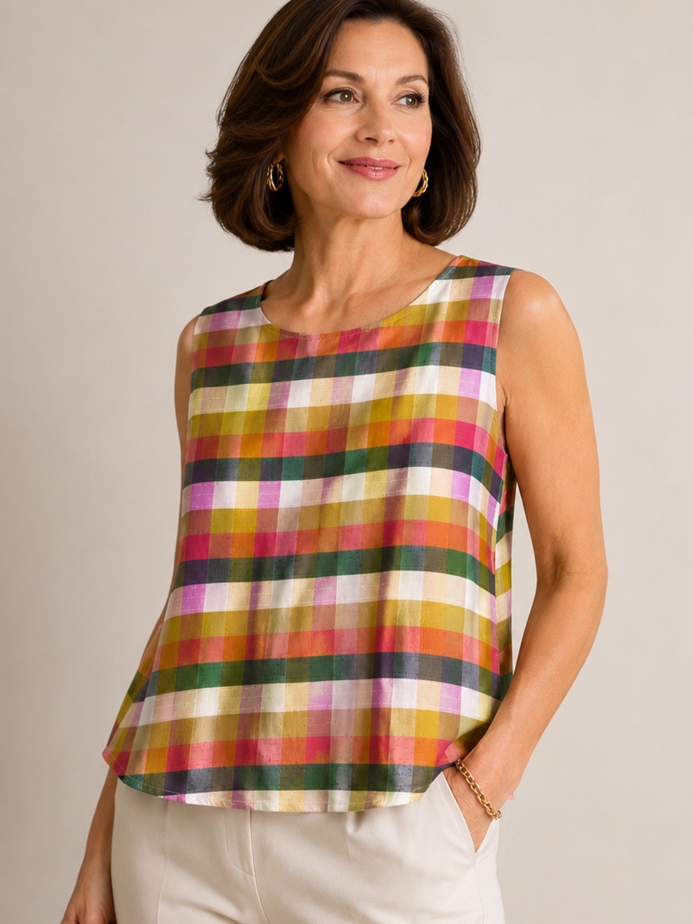 Talbots Madras Plaid Patchwork Classic Sleeveless Silk Top Lined SIze 22W Boxy